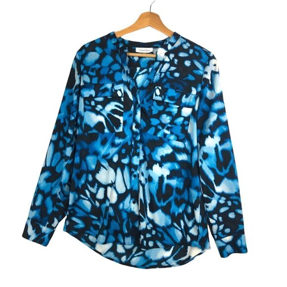 𝅺CALVIN Klein Black & Blue Tie Dye Long Sleeve Button Down Top size Small - Picture 1 of 8
